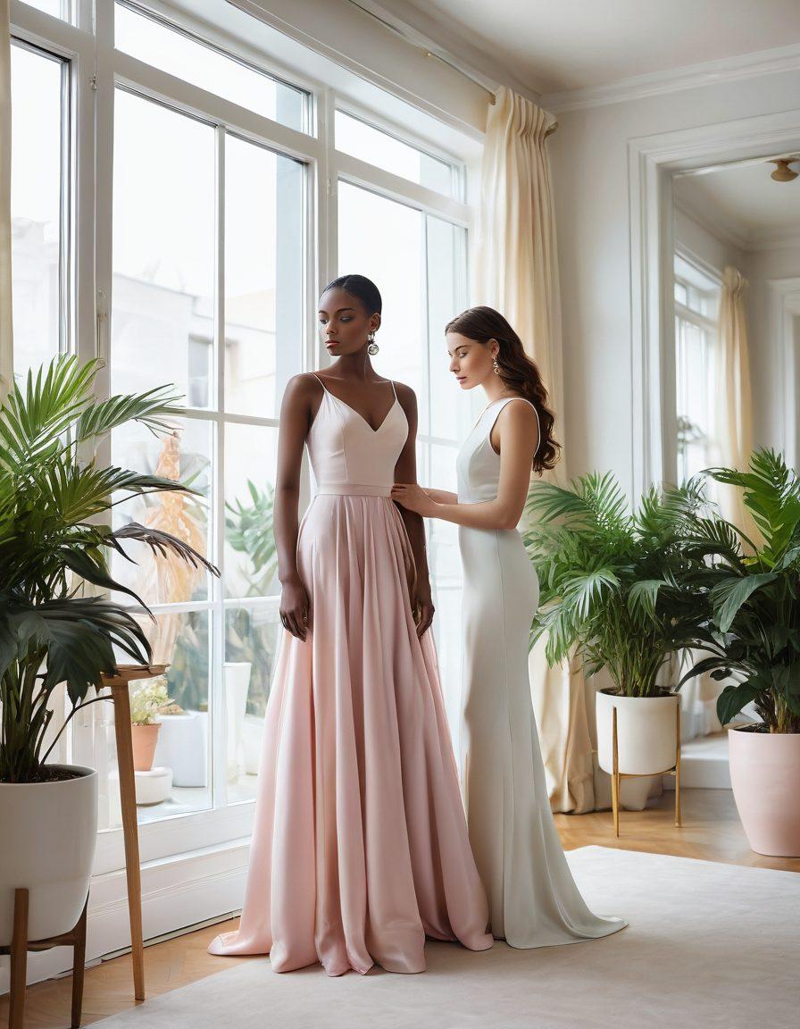 A chic and sophisticated woman standing in a beautifully styled room, surrounded by elegant decor, fashion books, and vibrant plants. She is examining a stylish dress on a mannequin, light streaming in through large windows. The color palette includes soft pastels contrasted with bold accents. The overall atmosphere exudes sophistication and creativity. super-realistic. vibrant colors. white background.