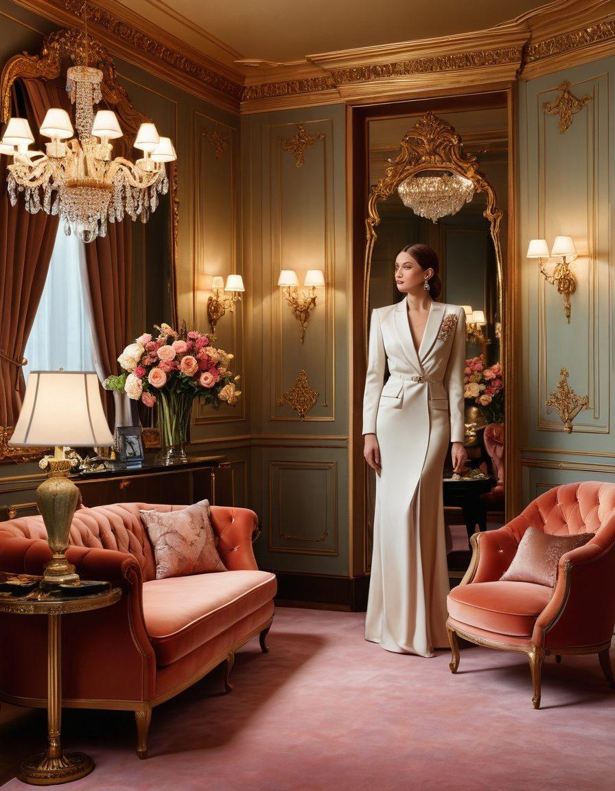 A visually stunning wardrobe display featuring a mix of elegant dresses, tailored suits, and accessories like statement jewelry and pristine shoes. Soft, ambient lighting highlighting the luxurious fabrics and textures, with a backdrop of an ornate mirror that reflects an ethereal glow. Include a chic lounge setting with plush seating and stylish decor, emphasizing the theme of sophistication and grace. super-realistic. vibrant colors. elegant atmosphere.
